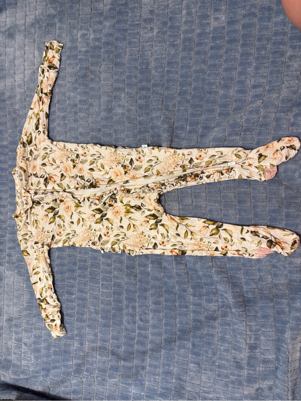 Posh Peanut Cream Floral Zip-Front Jumpsuit with Green Leaf Print